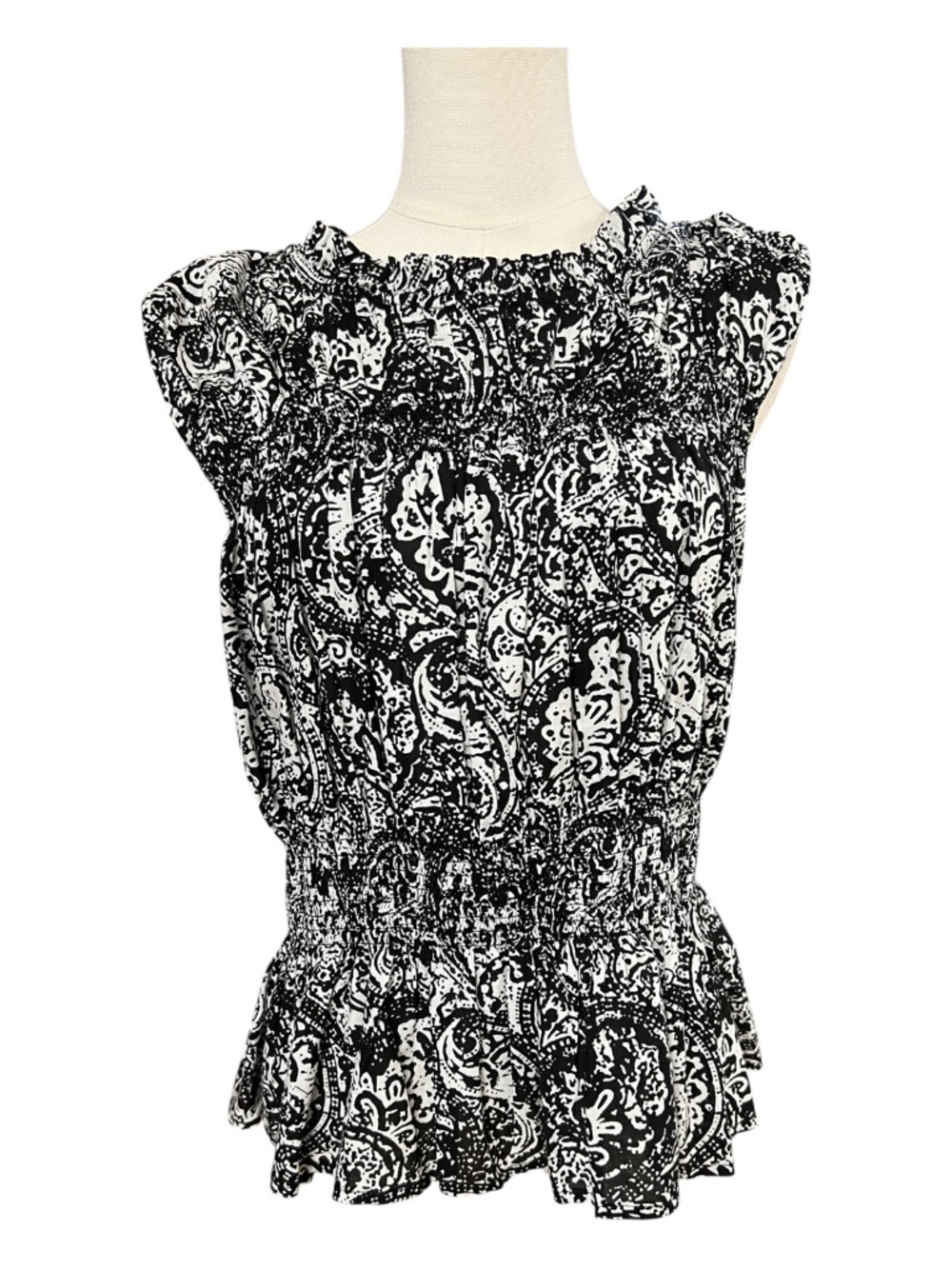 EUC A.N.A. Black & White Paisley Smocked Peplum Blouse | Size L